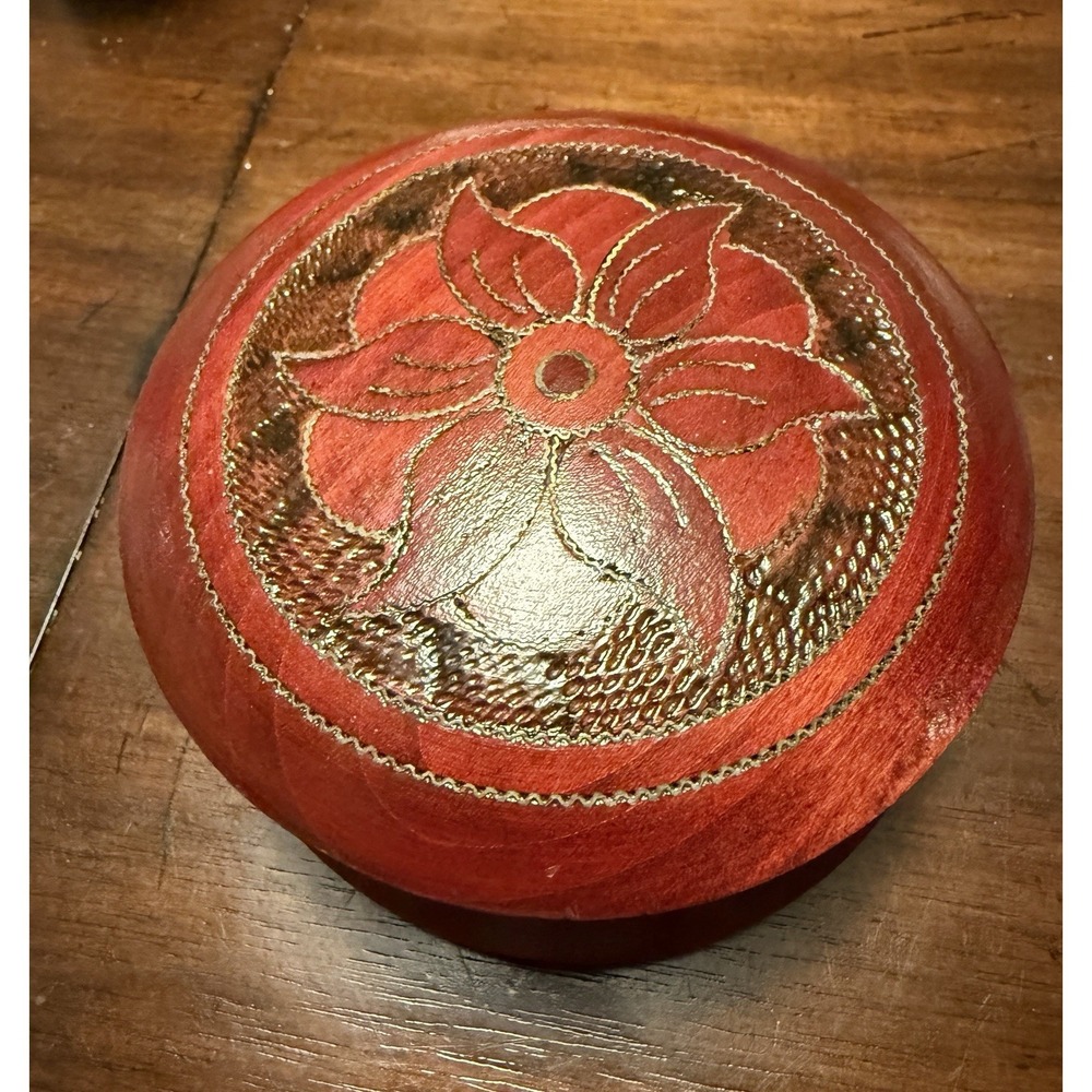 VTG Red & Brown Wooden Round Trinket Box, Floral Design Made In Poland